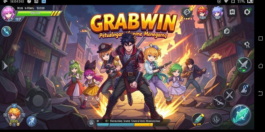 Screenshot gameplay GRABWIN menampilkan pertarungan karakter anime yang seru.