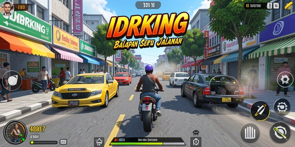 Tampilan gameplay seru IDRKING dengan mobil balap di lintasan.
