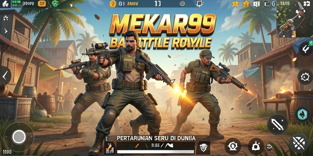 Screenshot utama MEKAR99 dengan aksi pertarungan Battle Royale yang mendebarkan.
